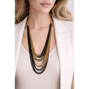 Black & Gold Multi-Strand Mesh Necklace 30" Statement Layered Chain‎